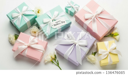 Mother's Day composition with bouquets and gifts on a white background Mother's Day composition with bouquets and gifts on a white background 136476085