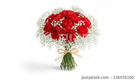 A bouquet of red carnations on a white background 136476106