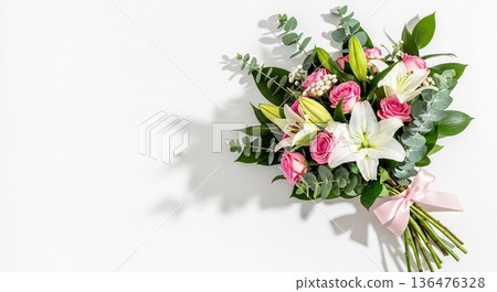 Elegant bouquet of white lilies and pink roses 136476328