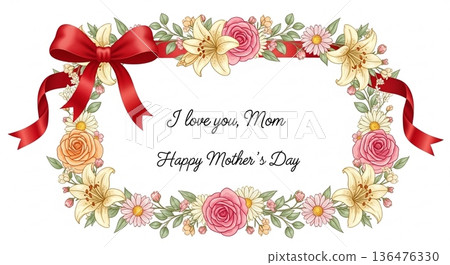 Mother's Day card with ribbon and floral decorative frame Mother's Day card with ribbon and floral decorative frame 136476330