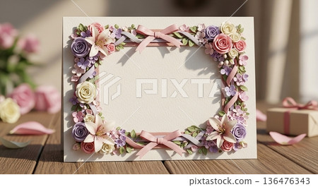 Card design with floral and ribbon decorative frame Card design with floral and ribbon decorative frame 136476343