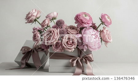 An elegant flower box gift of pink roses and ranunculus An elegant flower box gift of pink roses and ranunculus 136476346