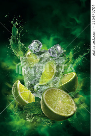 Refreshing lime cocktail with ice splash and citrus slices on dark green background, perfect for bar ads 136476704