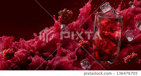Refreshing pomegranate cocktail with ice splash and ruby seeds, perfect for premium bar promotions and menus. 136476705