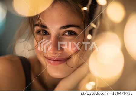 smiling woman surrounded by soft string lights, gentle warm light reflecting in her eyes, joyful authentic expression, modern lifestyle portrait with dreamy atmosphere 136476732