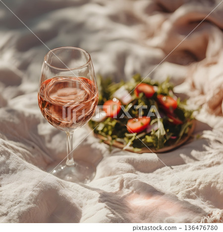Glass of rose and fresh salad on linen picnic blanket, soft afternoon light, pastel neutral tones, calm lifestyle stock Glass of rose and fresh salad on linen picnic blanket, soft afternoon light, pastel neutral tones, calm lifestyle stock 136476780