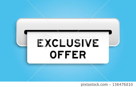 White coupon banner with word exclusive offer from machine on blue color background 136476810