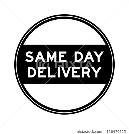 Black color round seal sticker in word same day delivery on white background Black color round seal sticker in word same day delivery on white background 136476825