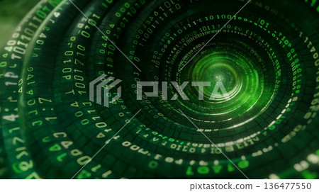 binary code tunnel featuring glowing digital pattern of green data flowing through a dark cyberspace binary code tunnel featuring glowing digital pattern of green data flowing through a dark cyberspace 136477550