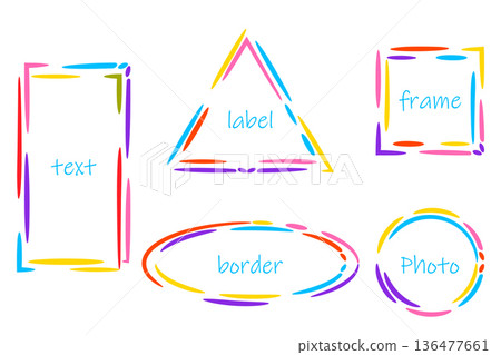 Frame, doodle dash edge border Set. Hand drawn paint brush line stroke, blue pink green multicolour background. Square circle oval geometric outline shape 136477661