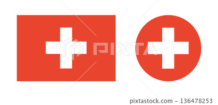 Switzerland National flag icons set. Flag of Switzerland circle, rectangle badges. National round, rectangular Switzerland flag buttons. Swiss flag banners. 136478253
