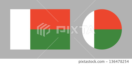 Madagascar flag circle, rectangle icons. Set of Republic of Madagascar round, rectangular pennants. National flag of Madagascar badges. 136478254