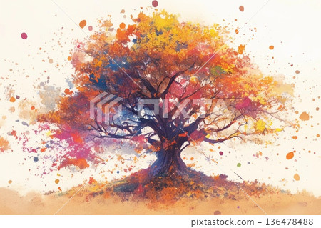 Vibrant Autumn Tree Stands Proudly in a Colorful Landscape of Swirling Hues Generative AI 136478488