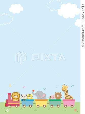 可愛的動物搭乘火車背景框（直版） 136478615