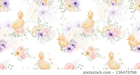 Seamless pattern with cute duckling with spring flowers, perfect for nursery decor, and newborn fabric, hand drawn illustrations of farm animals Seamless pattern with cute duckling with spring flowers, perfect for nursery decor, and newborn fabric, hand drawn illustrations of farm animals 136478766