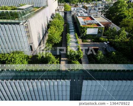 Modern eco rooftop garden of Centrum Spotkania Kultur in Lublin city, Sustainable green roof architecture of cultural center in Lublin Poland 136478922
