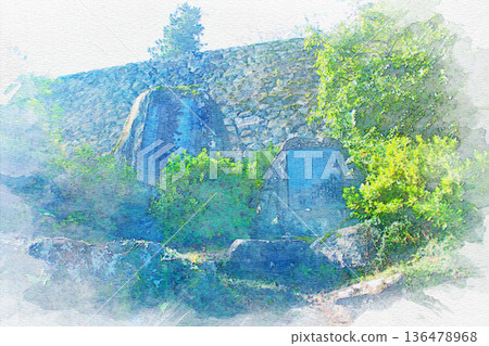 [Mie Prefecture] Watercolor painting of the stone monument at the site of the main gate of Matsusaka Castle in Matsusaka City 136478968