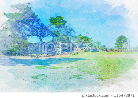 [Mie Prefecture] Watercolor painting of the castle tower base of Matsusaka Castle in Matsusaka City 136478971