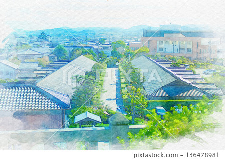 [Mie Prefecture] Watercolor painting of the castle guard's residence at Matsusaka Castle in Matsusaka City 136478981