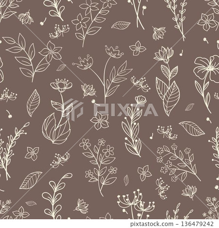 Elegant Botanical Line Art Seamless Brown Pattern Elegant Botanical Line Art Seamless Brown Pattern 136479242