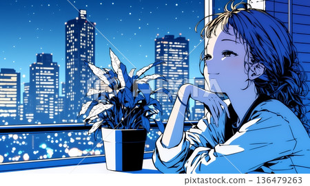 一位年輕女子靠在陽台上，享受著夜風，眺望著城市景色。 136479263