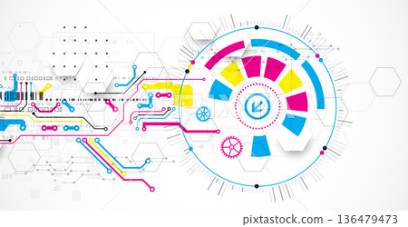 Abstract technological background with various elements. CMYK concept. Vector 136479473