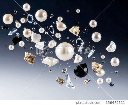 漂浮的珍珠、水晶和黑色寶石碎片。奢華精緻的珠寶背景。 漂浮的珍珠、水晶和黑色寶石碎片。奢華精緻的珠寶背景。 136479511