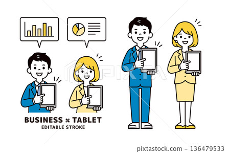 一套簡單的上半身和全身向量插圖，描繪了一名辦公室工作人員指著平板電腦螢幕並提出建議的情景。 136479533