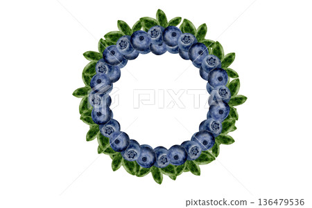 Blueberry watercolor round frame. Hand-drawn blue berry on a white background. Botanical clip art. Perfect for food blog designs, organic store menus, and packaging for products and cosmetics. 136479536