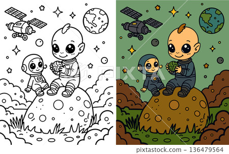 Astronauts on moon surface with Earth and satellite 136479564