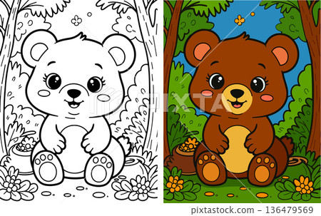 Cute baby bear sitting in forest with pots of honey 136479569