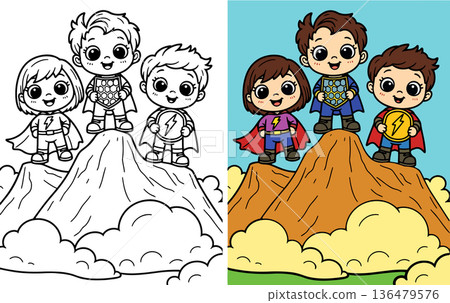 Cute cartoon superheroes standing on mountain top with clouds Cute cartoon superheroes standing on mountain top with clouds 136479576