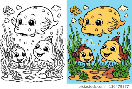 Cute cartoon whale and fish swimming underwater Cute cartoon whale and fish swimming underwater 136479577