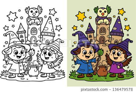 Cute cartoon witches and owl with castle for halloween coloring book Cute cartoon witches and owl with castle for halloween coloring book 136479578