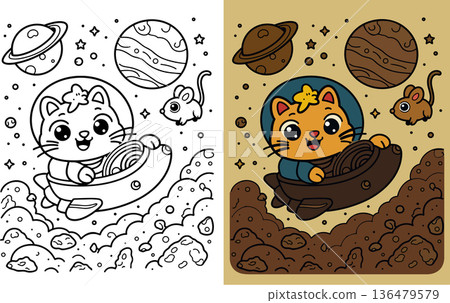 Cute cat astronaut in spaceship with mouse and planets Cute cat astronaut in spaceship with mouse and planets 136479579