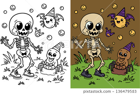 Cute skeleton with two spiders and flying bubbles cartoon characters coloring page Cute skeleton with two spiders and flying bubbles cartoon characters coloring page 136479583