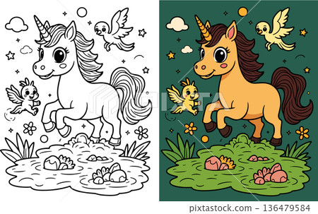 Cute unicorn coloring page jumping over field with small winged birds and magical flowers Cute unicorn coloring page jumping over field with small winged birds and magical flowers 136479584