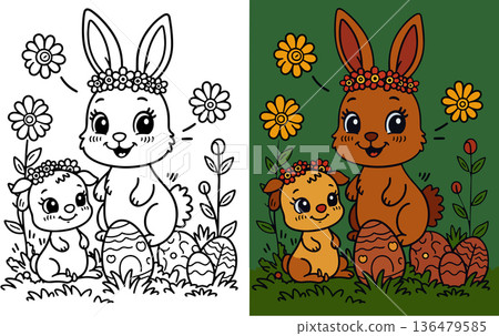 Easter bunny and little lamb coloring page with decorated eggs and spring flowers outdoor Easter bunny and little lamb coloring page with decorated eggs and spring flowers outdoor 136479585
