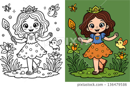 Fairytale princess coloring sheet showing cute girl holding magic wand in flower garden art Fairytale princess coloring sheet showing cute girl holding magic wand in flower garden art 136479586