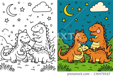Family of cute dinosaurs under starry night sky with moon and clouds for coloring session Family of cute dinosaurs under starry night sky with moon and clouds for coloring session 136479587