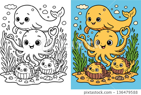 Friendly cartoon octopus and fish underwater with whale Friendly cartoon octopus and fish underwater with whale 136479588
