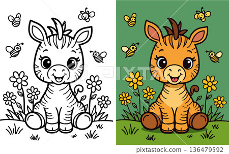 Happy baby zebra surrounded by flowers and bees in meadow Happy baby zebra surrounded by flowers and bees in meadow 136479592