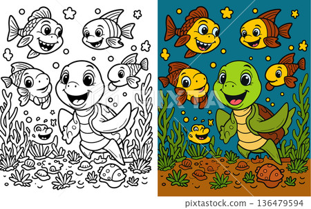 Happy cartoon turtle surrounded by cheerful fish underwater Happy cartoon turtle surrounded by cheerful fish underwater 136479594