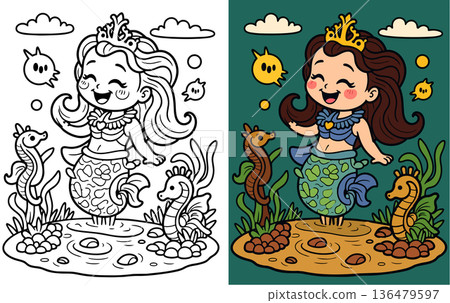 Joyful mermaid princess swimming with seahorses in underwater world coloring page activity Joyful mermaid princess swimming with seahorses in underwater world coloring page activity 136479597