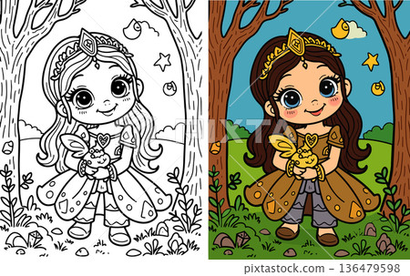 Little princess holding small pet in forest clearing coloring page for children activities Little princess holding small pet in forest clearing coloring page for children activities 136479598