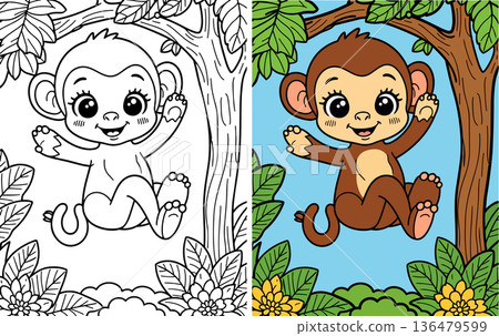 Playful baby monkey swinging from tree branch surrounded by leaves Playful baby monkey swinging from tree branch surrounded by leaves 136479599