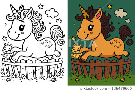 Playful unicorn coloring page leaping over garden fence with small creature and star sky Playful unicorn coloring page leaping over garden fence with small creature and star sky 136479600