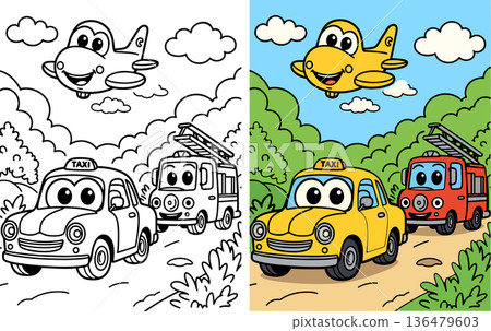 Smiling cartoon taxi and fire truck with a happy airplane flying in sky for kids coloring 136479603