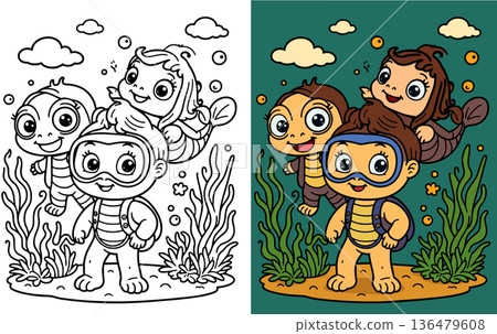 Three happy underwater friends swimming with a mermaid and a turtle in ocean 136479608