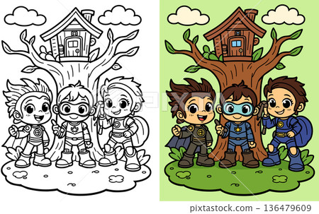 Three superhero kids standing in front of a treehouse surrounded by nature scene 136479609